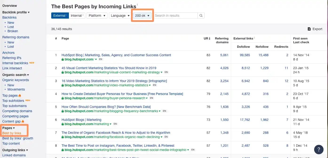 content pruning: ahrefs filter