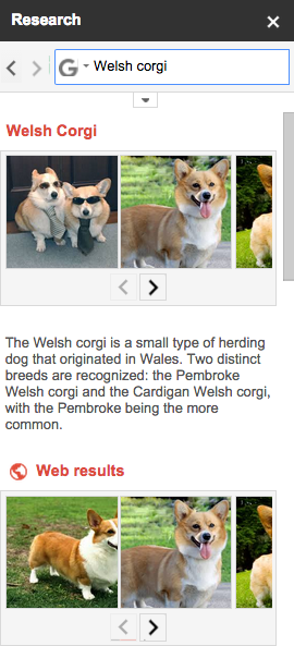 Research result on Welsch Corgis in a Google Doc