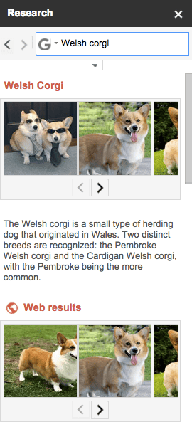 Resultado da pesquisa sobre Welsch Corgis em um Google Doc