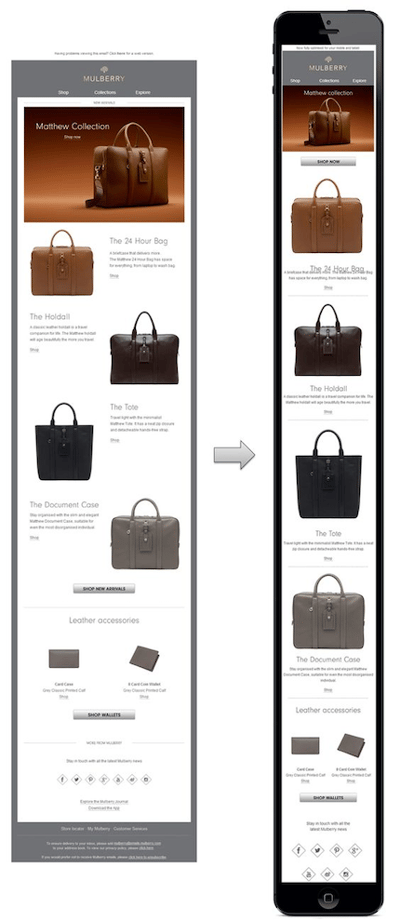 Responsive email design example from Mulberry