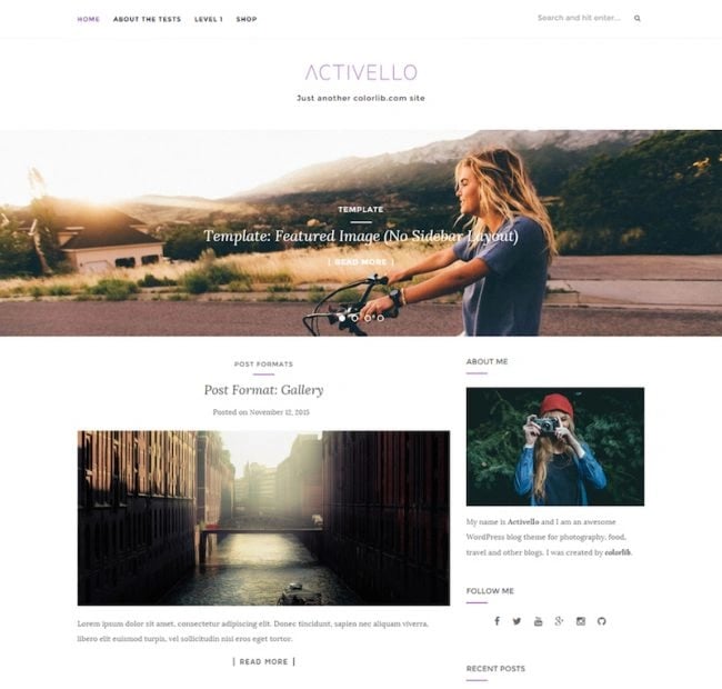 activello, a responsive wordpress theme, homepage shows a person on a bike in a slider 