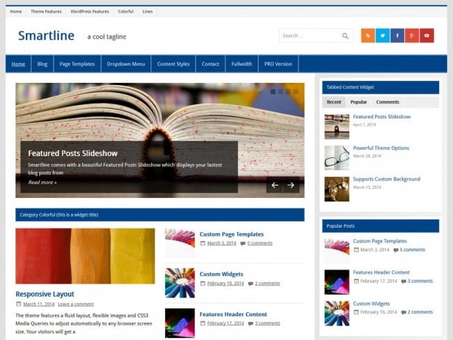 Smartline lite a responsive wordpress theme shows a blocky homepage featuring book images 