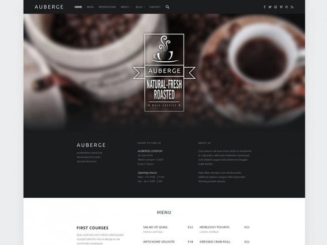 Auberge, a responsive wordpress theme option ideal for cafes and recipe blogs, showcases a coffee cup 