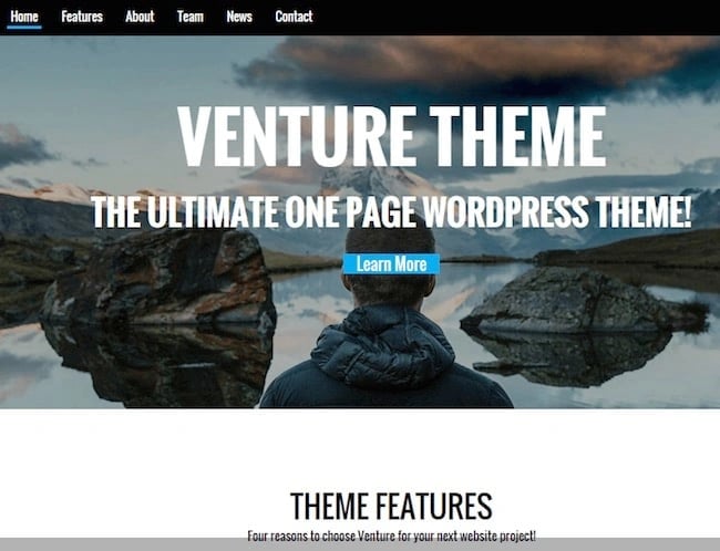 Venture responsive wordpress theme homepage example with copy and a mountain background 
