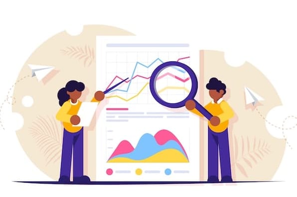 Responsive search ads: cartoon of marketers analyzing data