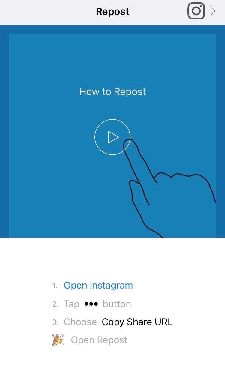 Blue homepage of Repost for Instagram app