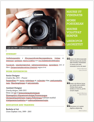 Photographer's resume template for MS Word with space for recommendations and endorsements