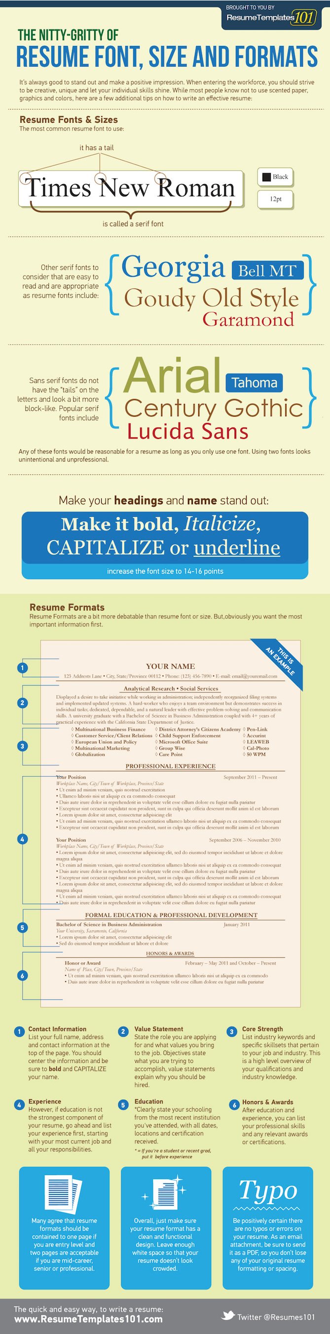 Infographic on how to format a resume using the best font type, font size, headings, and layout.