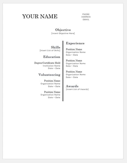 resume templates for word: Centered Bar Resume