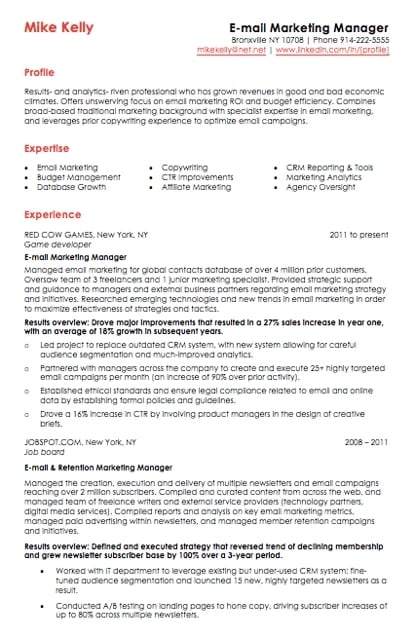  Email marketing resume template with red header text