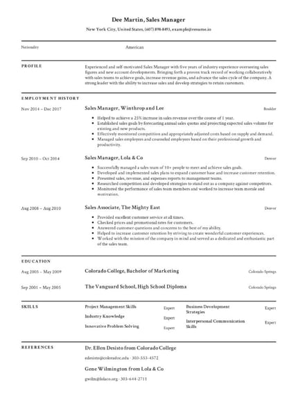 resume.io Sales Manager Resume Template
