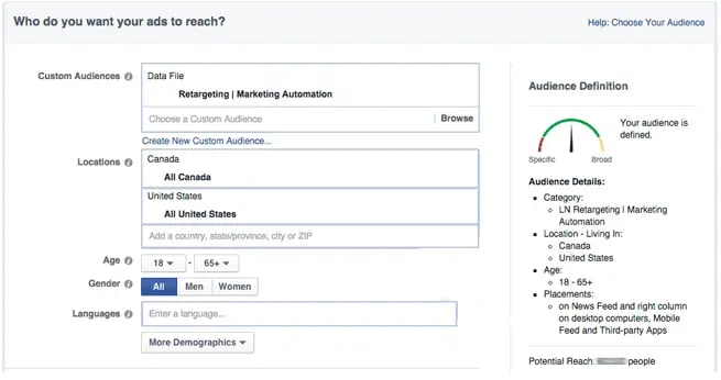 Facebook Ads target audience selection menu