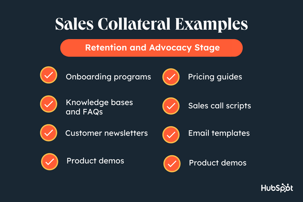 graphic displaying sales collateral examples for the retention and advocacy stage