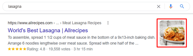 rich snippet on Google Serp for lasagna recipe