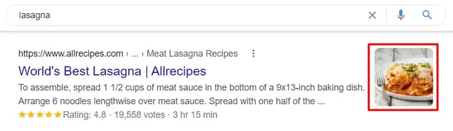 how to reverse image search: rich snippet on Google Serp for lasagna recipe