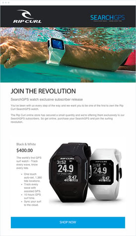 Ripcurl-E-Mail mit dem Text "join the revolution - searchgps watch exclusive subscriber release" unter einem Banner mit einer Uhr unter Wasser"join the revolution - searchgps watch exclusive subscriber release" underneath a banner of a watch under water