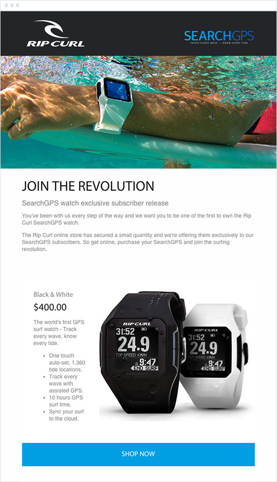 ripcurl email that reads "join the revolution - searchgps watch exclusive subscriber release" underneath a banner of a watch under water