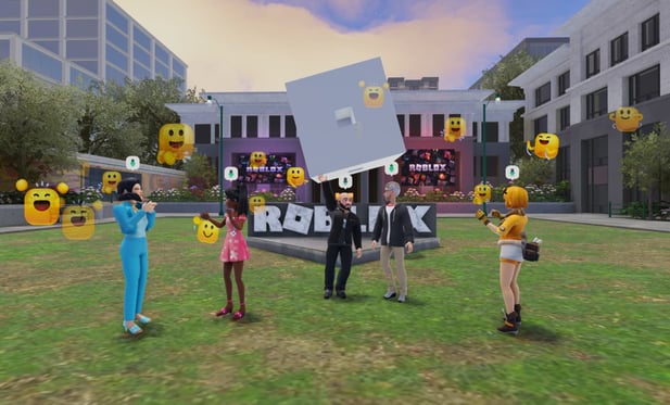 roblox metaverse hometown image with metaverse avatars gathered in a circle