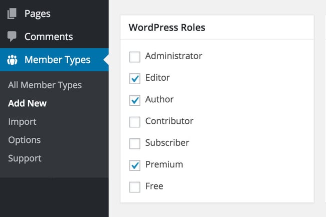 BuddyBoss member types with attached WordPress roles of editor, author, and premium