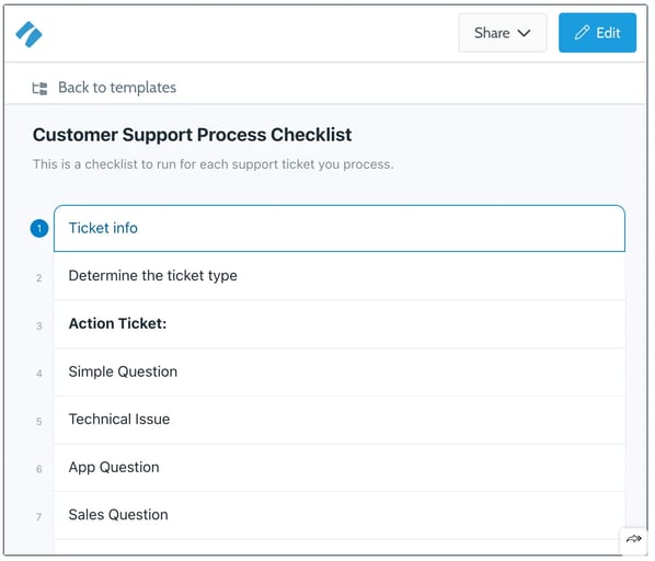 SaaS customer support, example of a support ticket from Process Street.