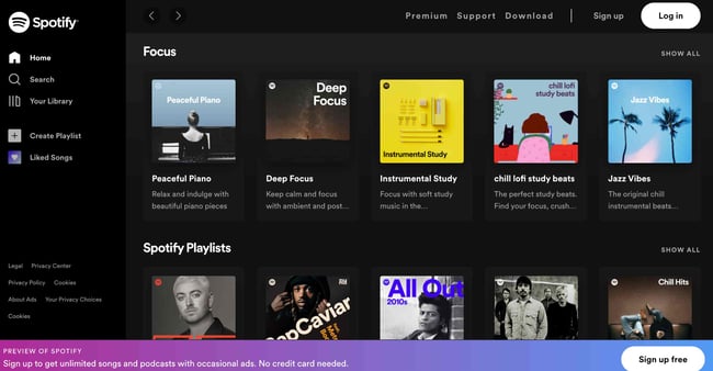 saas website design: spotify homepage looks like a user's spotify playlist landing page on their personal account 