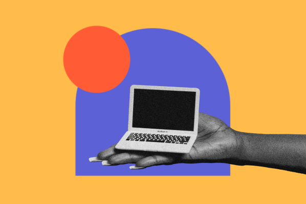 SaaS, hand holding laptop against orange and purple background