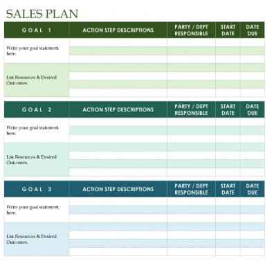 sales plan in microsoft word by templatelab with colored sections for goal, action step, party responsible, and date