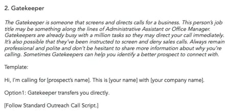 sales script template: gatekeeper
