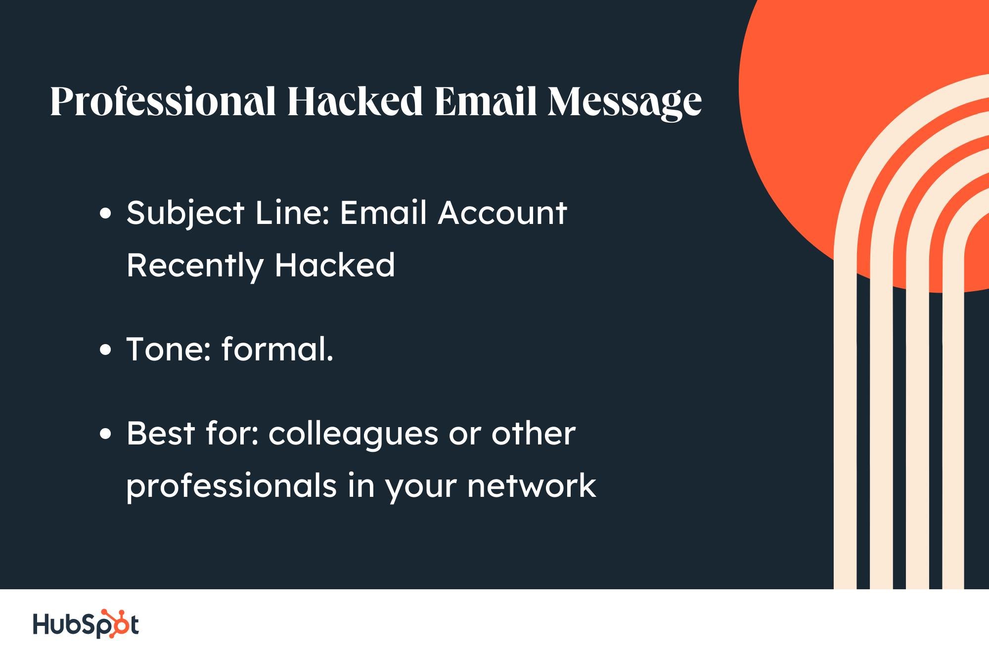 sample letter for hacked email: subject line, recently hacked email account;  formal tone;  best for colleagues.