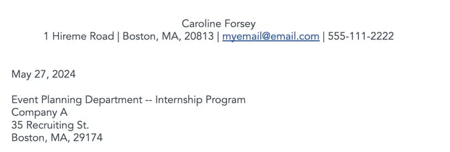 internship cover letter header