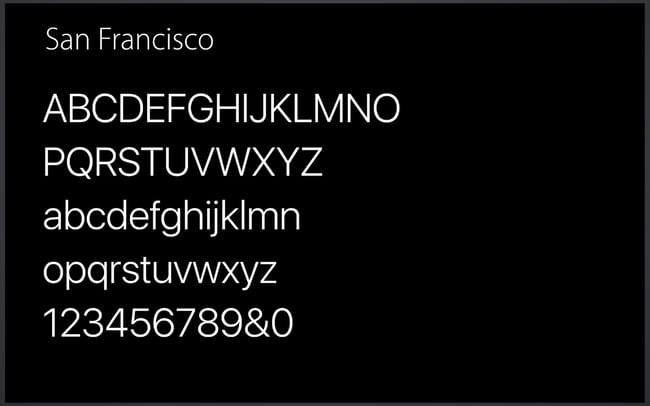 Demo card of Apple's proprietary typeface, called San Francisco