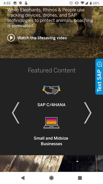 SAP mobile website with call-to-action sliders