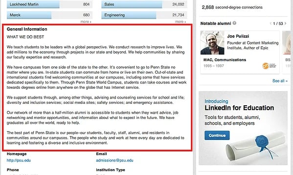 Penn State University About Us LinkedIn page