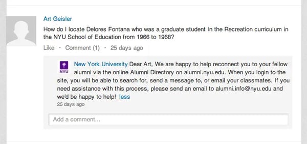 New York University LinkedIn comment