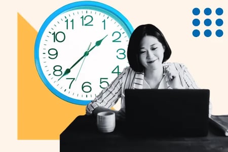 The science of productivity, a  clock with a woman working on a laptop