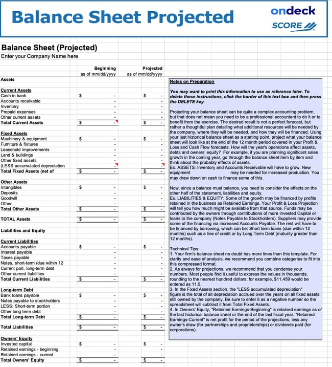 Balance sheet template by Score.org