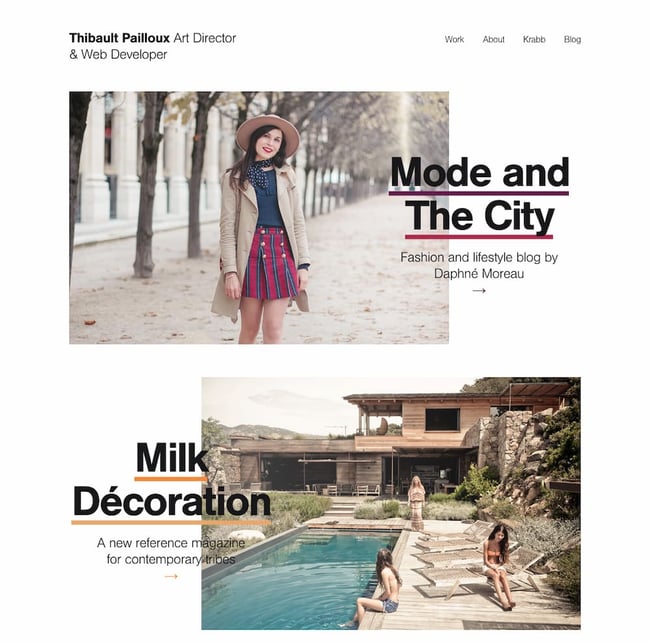 web design trends: Thibault Pailloux's portfolio site overlaps bold typography and images 