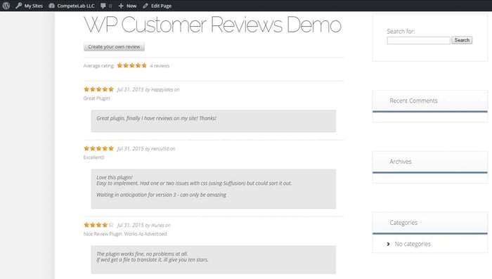 WP Customer Reviews demo shows page of star ratings with comments