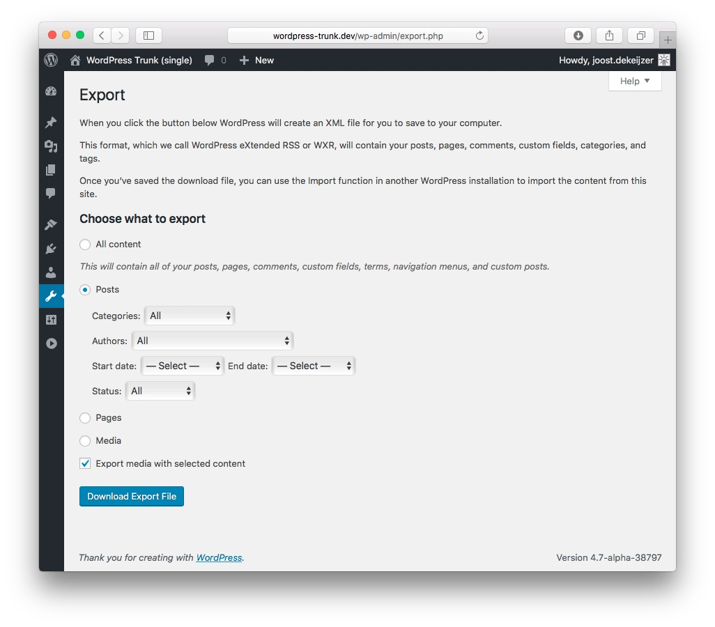 Checkbox labelled “Export media with selected content” added to native export settings when plugin installed