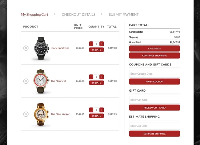 Shopping cart with checkout details for three watches created via WP EasyCart pllugin