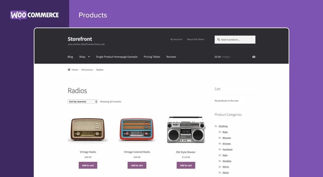 WooCommerce storefront featuring radios for sale