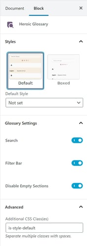screenshot of heroic glossary's settings. options to search, filter bar, disable empty sections