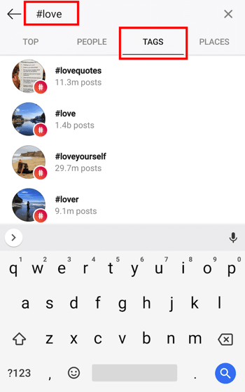 Search page where you can search hashtags on Instagram