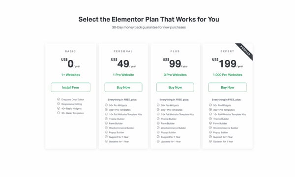 Assistant d'installation Elementor invitant les utilisateurs à sélectionner un plan d'abonnement