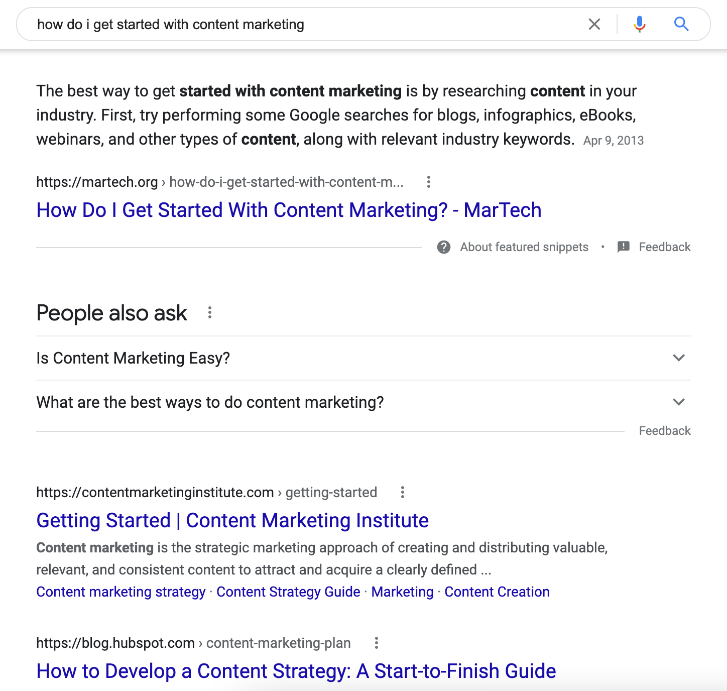search results for how do i get started with content marketing with instructional guides on page one