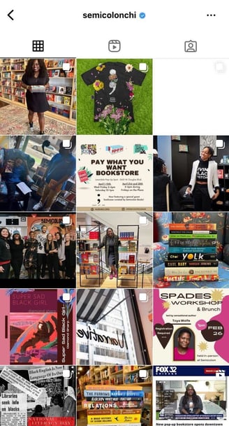 manifestation of brand identity on semicolon books's instagram page: chicago settings, books, and readers enjoying it all