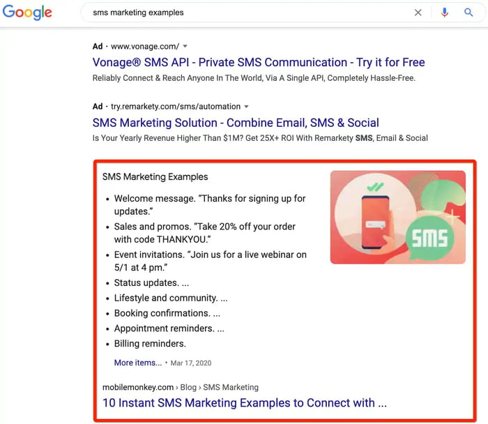 featured snippet search result for sms marketing examples