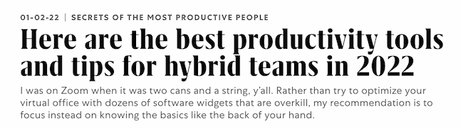 Page title SEO example: Fast Company, “Here are the best productivity tools and tips for hybrid teams in 2022”