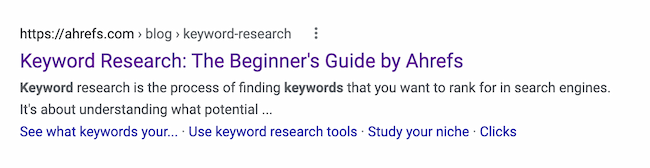 Title tag example: Ahrefs, “Keyword Research: The Beginner’s Guide by Ahrefs”