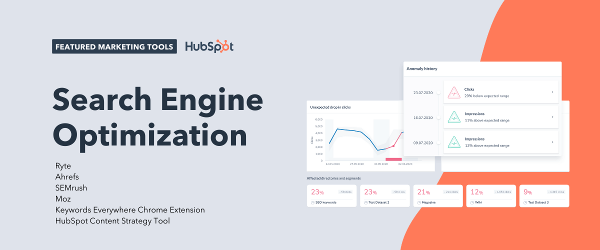 seo tools, including ryte, ahrefs, semrush, moz, keywords everywhere chrome extension, and hubspot content strategy tool